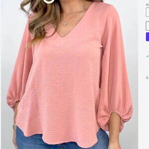 Ivy Jane V-Neck Puff Sleeve Top Salmon M/L